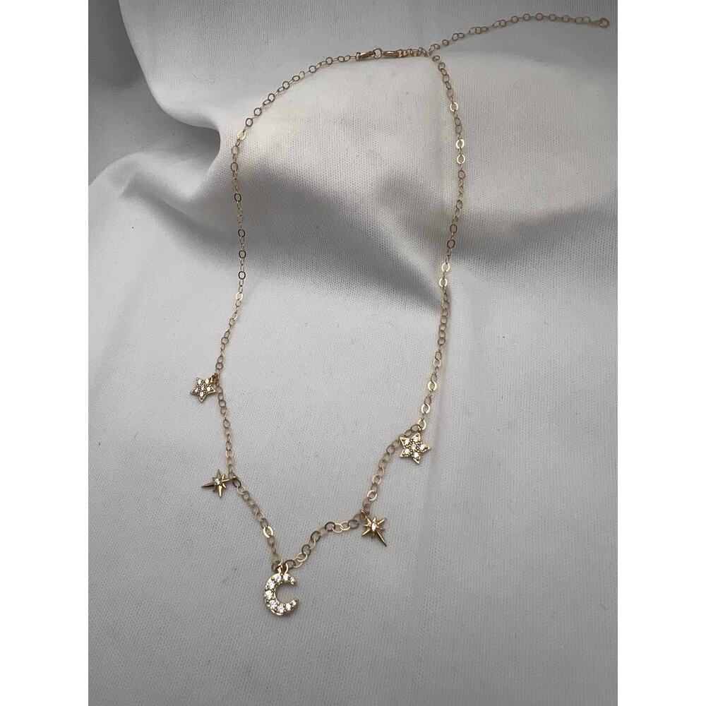 10K Yellow Gold Celestial Moon & Star Charm Necklace
